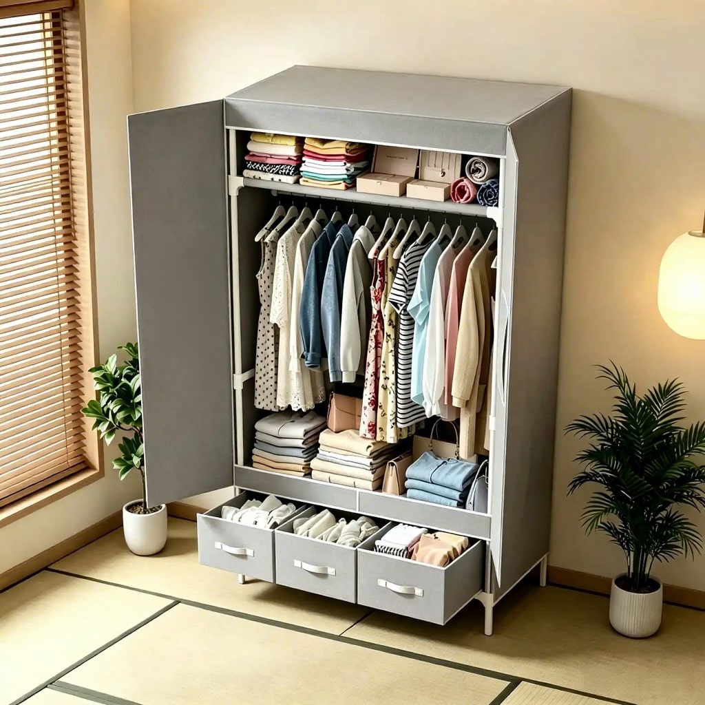 휴대용 옷장, 57.48인치 옷 정리함, 3개의 옷걸이 - Wardrobe Closet Portable Fabric Cover 리뷰 및 가격