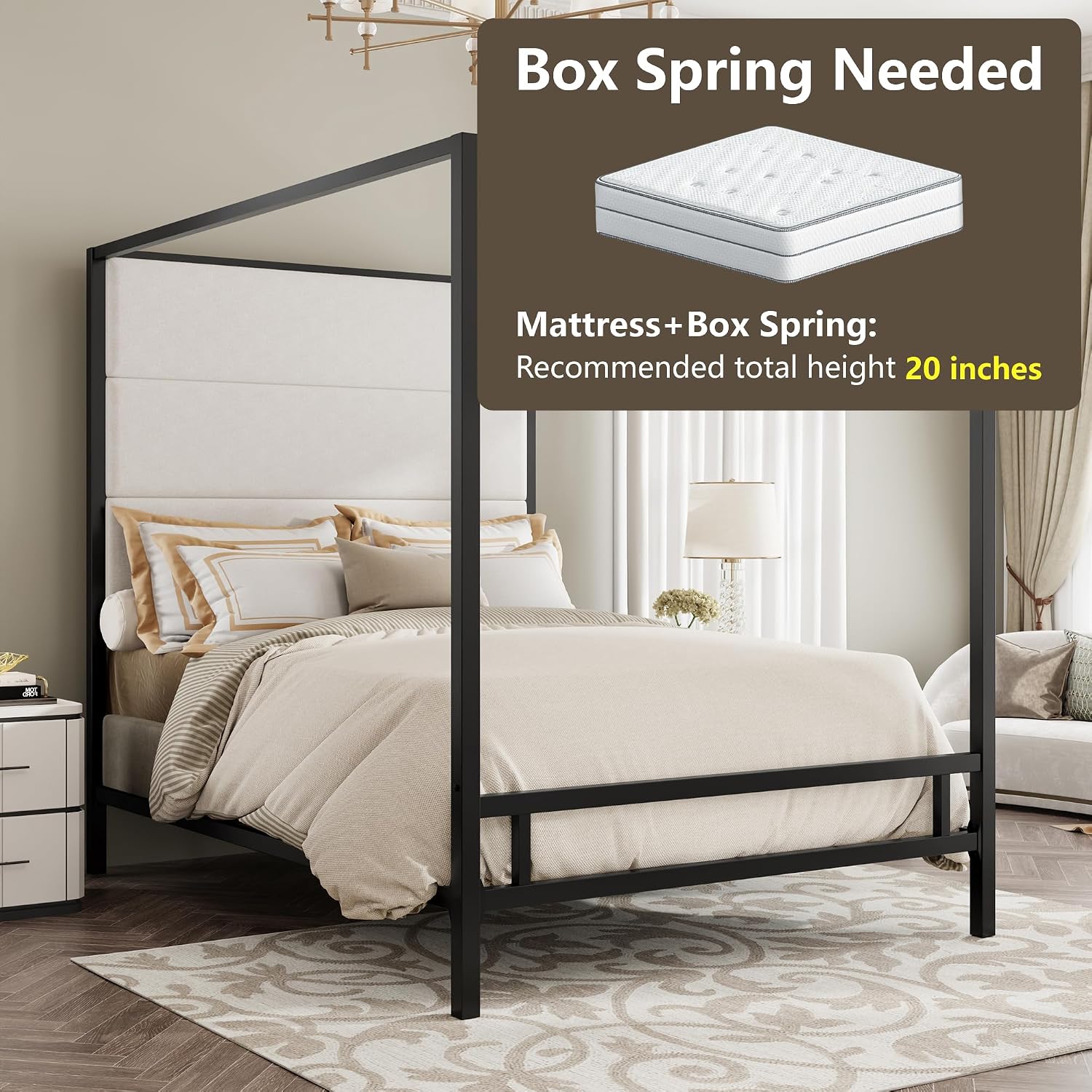 퀸 침대 프레임, 금속 4포스터 디자인, 패브릭 헤드보 - Canopy Bed Frame Metal Queen 리뷰 및 가격