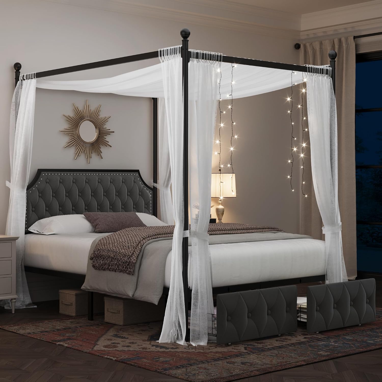 퀸 침대 프레임(수납 서랍 및 투프티드 헤드보드 포함) - Canopy Bed Frame Metal Queen 리뷰 및 가격