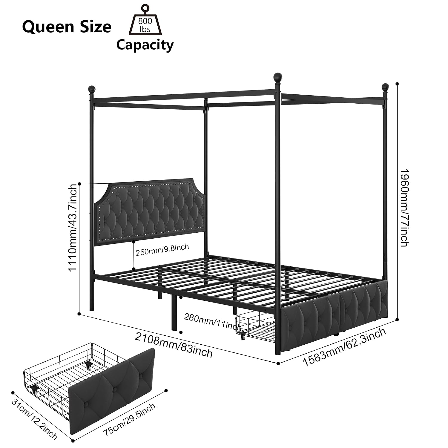 퀸 침대 프레임(수납 서랍 및 투프티드 헤드보드 포함) - Canopy Bed Frame Metal Queen 리뷰 및 가격