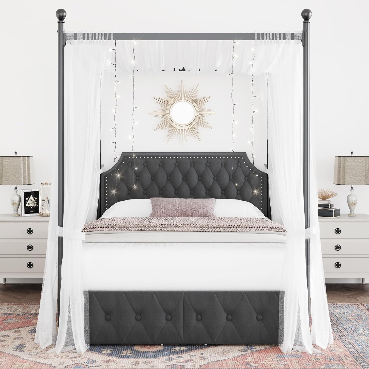 퀸 침대 프레임(수납 서랍 및 투프티드 헤드보드 포함) - Canopy Bed Frame Metal Queen 리뷰 및 가격
