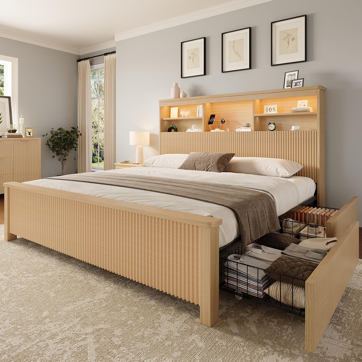 킹사이즈 침대 프레임, 수납 서랍 4개, 천연 원목 침 - King Size Bed Frame With Storage Drawers 리뷰 및 가격