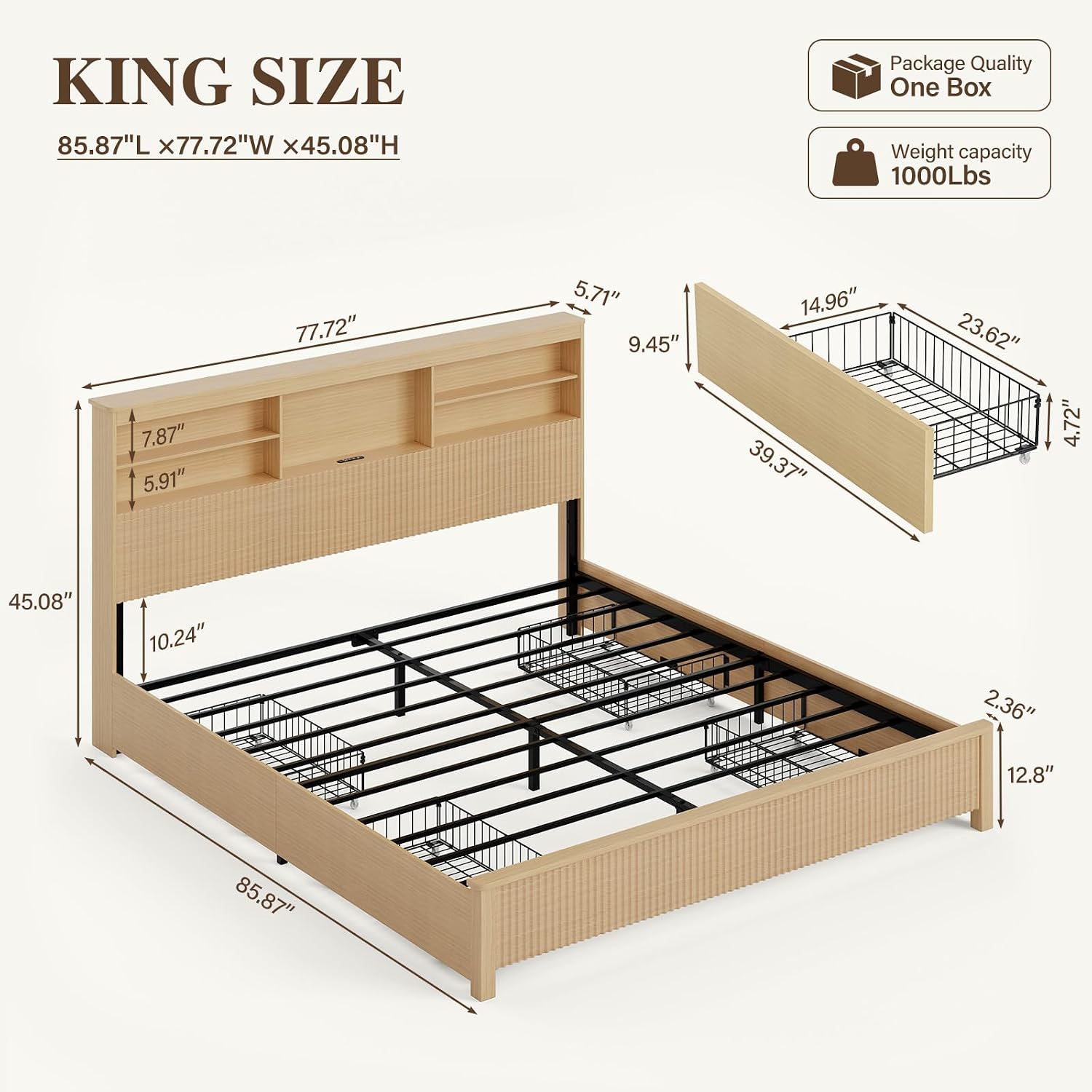 킹사이즈 침대 프레임, 수납 서랍 4개, 천연 원목 침 - King Size Bed Frame With Storage Drawers 리뷰 및 가격
