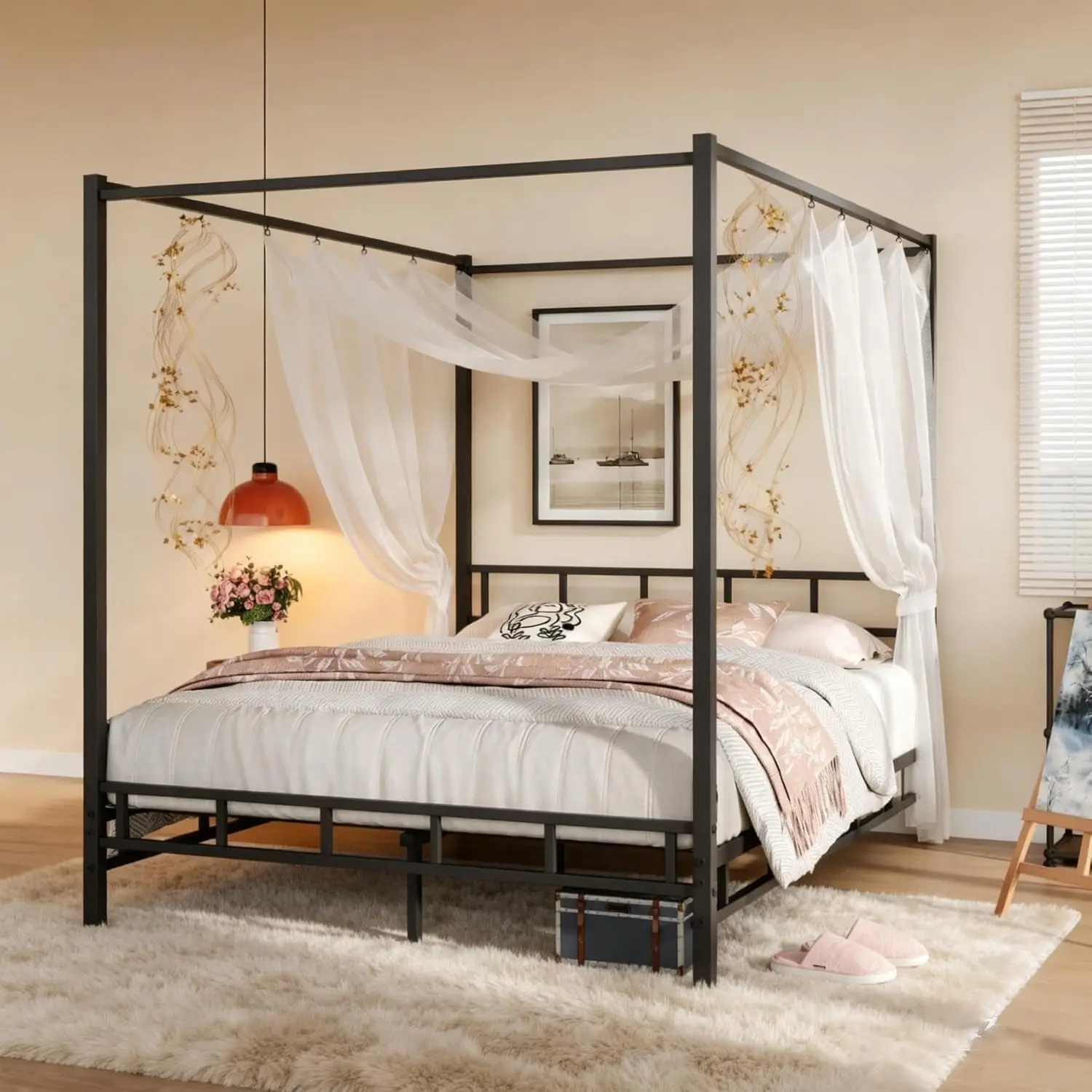 메탈 캐노피 침대 프레임 퀸 사이즈, 메탈 슬랫 지지대 - Canopy Bed Frame Metal Queen 리뷰 및 가격