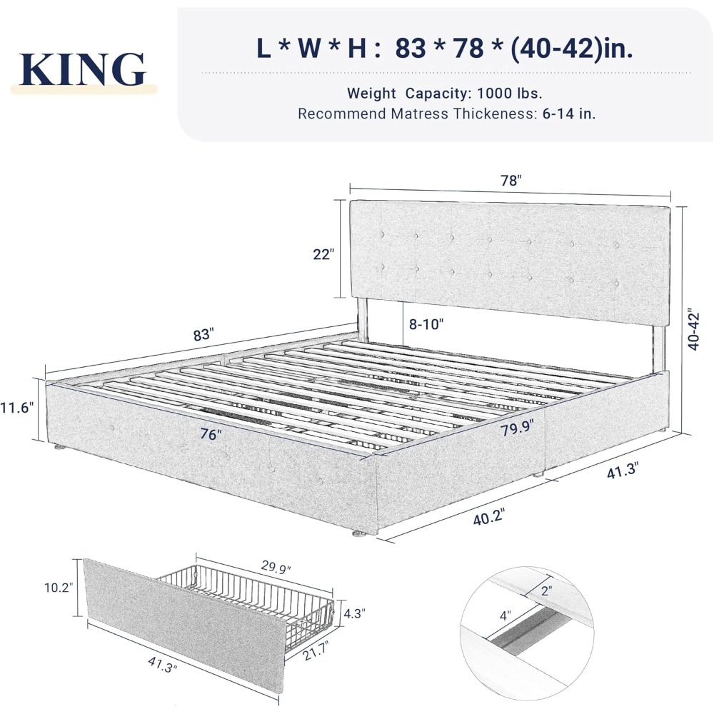 미국 배송 킹사이즈 플랫폼 침대 프레임(수납 서랍 및  - King Size Bed Frame With Storage Drawers 리뷰 및 가격