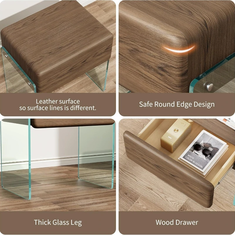 침실용 협탁 서랍 테이블, 투명 유리 다리, 인조 가죽 - Solid Wood Nightstand 2 Drawers 리뷰 및 가격