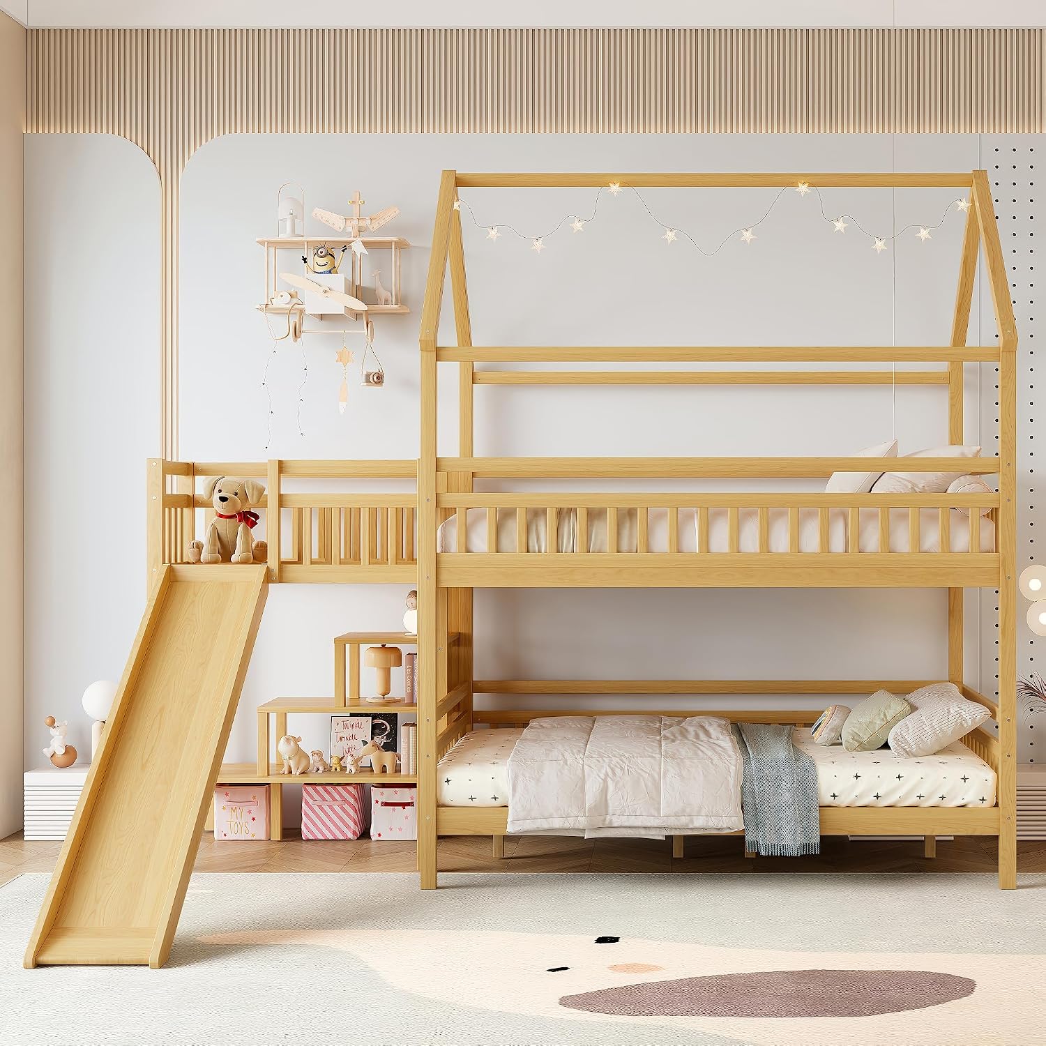 플레이하우스 디자인 지붕이 있는 풀오버 풀 벙크 침대, - Bunk Bed With Stairs And Slide 리뷰 및 가격
