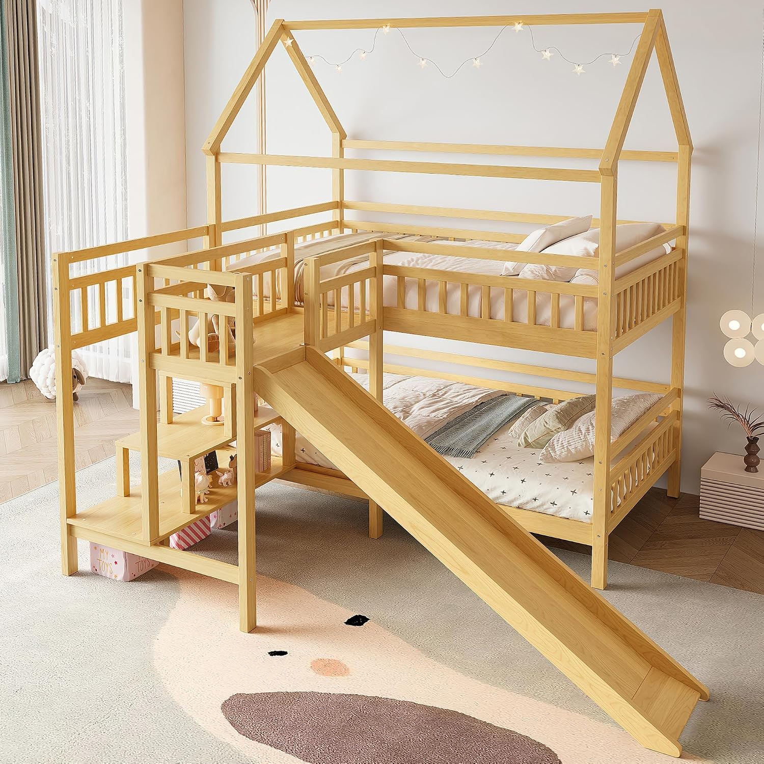 플레이하우스 디자인 지붕이 있는 풀오버 풀 벙크 침대, - Bunk Bed With Stairs And Slide 리뷰 및 가격